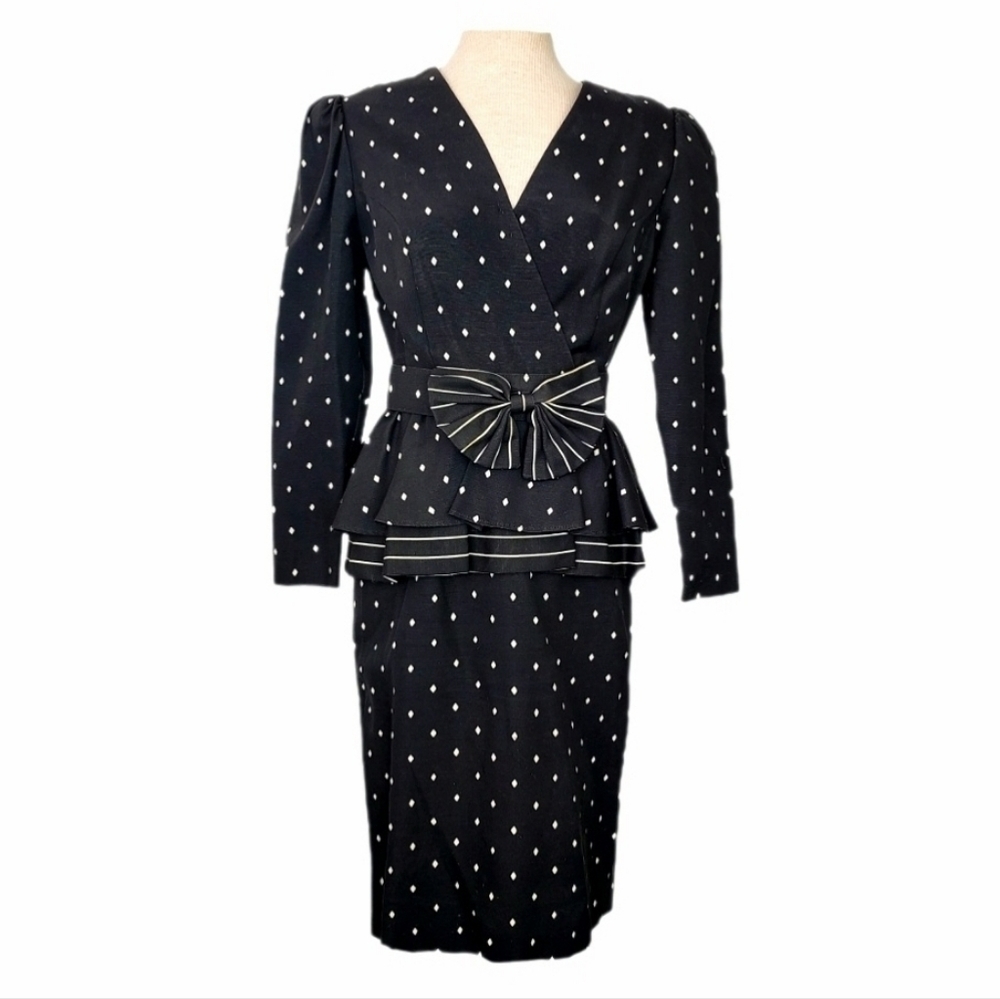 Melissa Dress 1980s Vintage Diamond Dot Pattern & Pleat Bow Belt Black Size 10